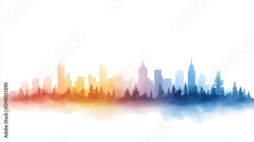 Wallpaper Mural A colorful city skyline silhouette layered with trees, blending urban and natural elements in a dreamy, abstract style. Torontodigital.ca