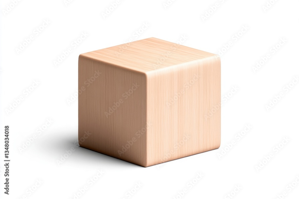 Fototapeta premium Light beige wooden cube, isolated on white background. Simple geometric shape. Smooth, even surfaces. Looks like a display stand or toy block