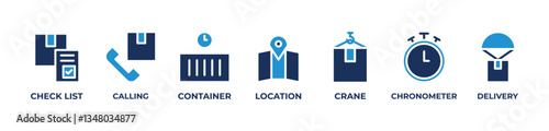 From Checklist to Delivery Icons set vector illustration with  check list, calling, container, location, crane, chronometer, delivery