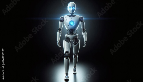 robot humanoid artificial intelligence ai full-length black background walking stepping light spot copy space portal darkness