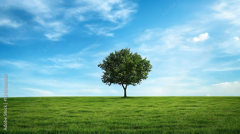 Obraz premium Solitary Tree in a Verdant Meadow Under a Serene Sky