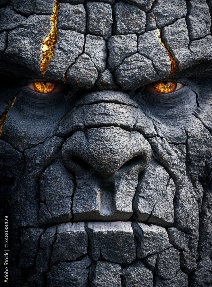 Close up of a stone like creature's face, featuring intense golden eyes and cracked gray texture. Dark and moody atmosphere. Close up of a stone like creature's face, featuring intense golden eyes and cracked gray texture. Dark and moody atmosphere.