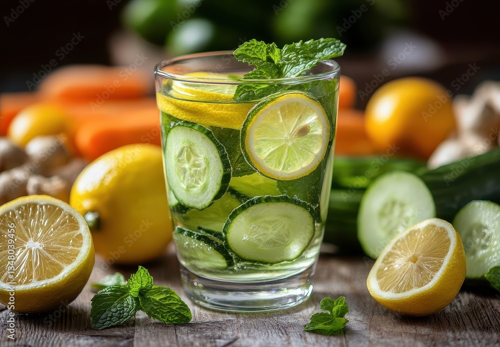 Refreshing Citrus and Cucumber Beverage with Mint Garnish Surrounded by Fresh Vegetables and Fruits in Natural Light Refreshing Citrus and Cucumber Beverage with Mint Garnish Surrounded by Fresh Vegetables and Fruits in Natural Light