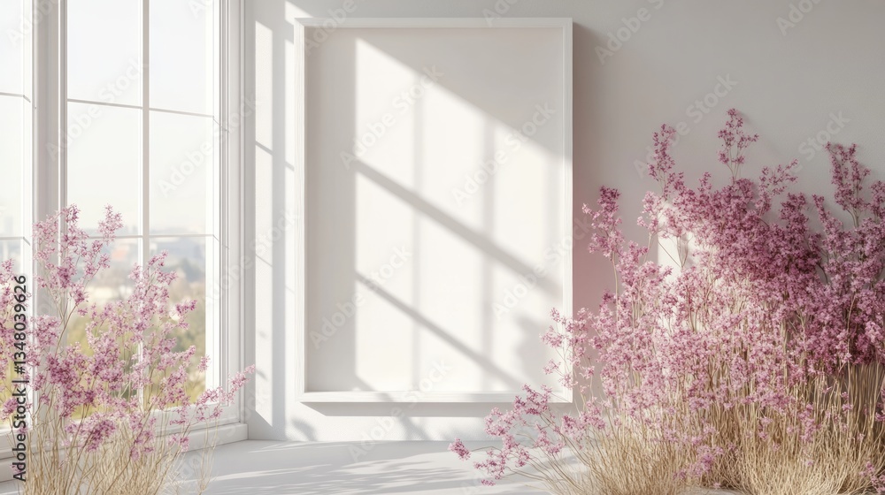 Fototapeta premium Empty picture frame surrounded by pink flowers and light