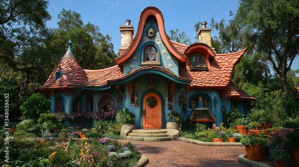 Fototapeta premium Enchanted Cottage in a Fairytale Garden: A whimsical house nestled among vibrant flowers and lush greenery, exuding charm and magic.