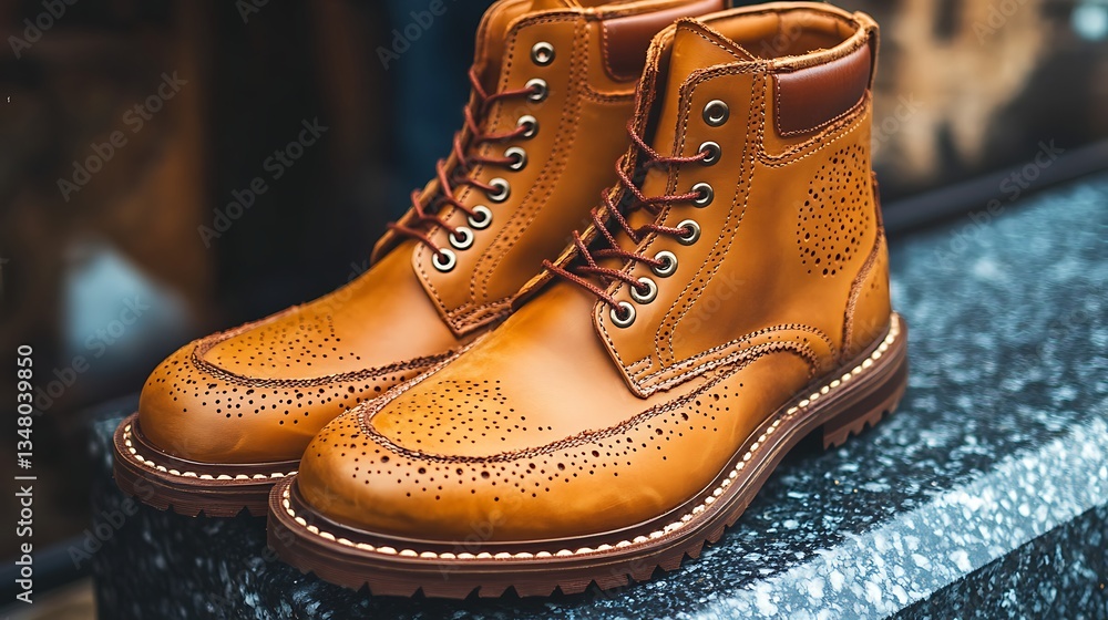 Stylish leather boots on display, close-up shot Stylish leather boots on display, close-up shot