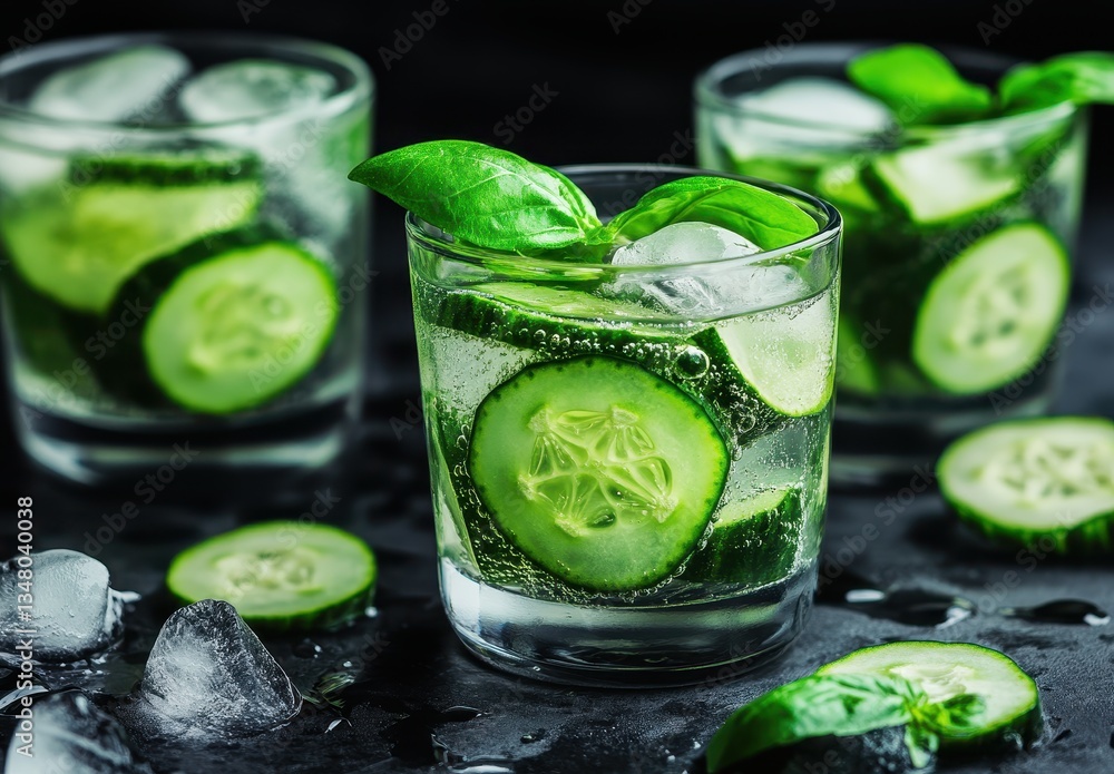 Fototapeta premium Refreshing cucumber and basil drink served in clear glasses with ice on a dark surface, perfect for summer gatherings and healthy indulgence