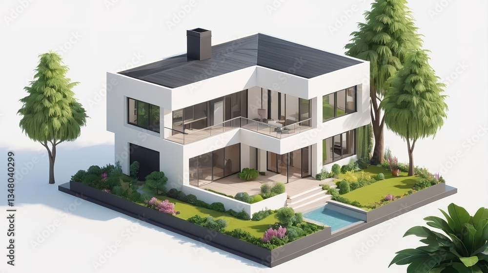 A small modern minimalist house isometric perspective, 3D model miniature A small modern minimalist house isometric perspective, 3D model miniature