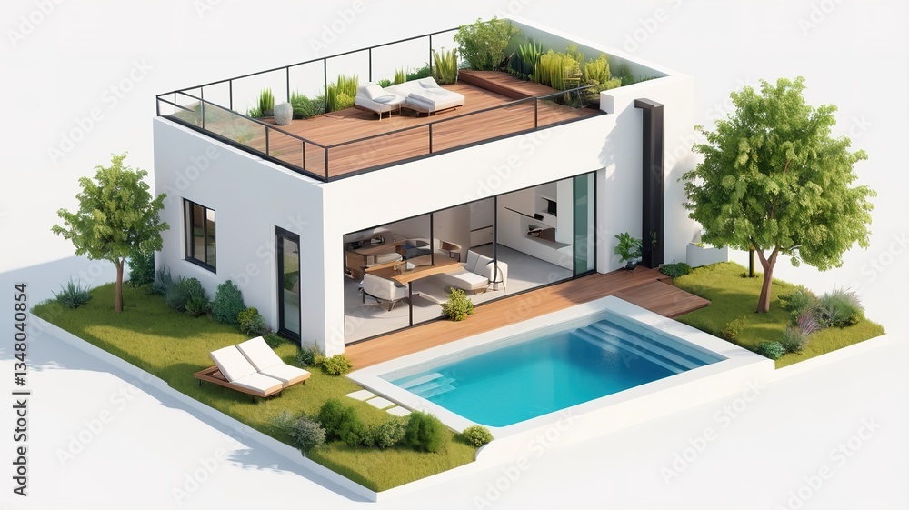 Fototapeta premium A small modern minimalist house isometric perspective,&nbsp;3D model miniature
