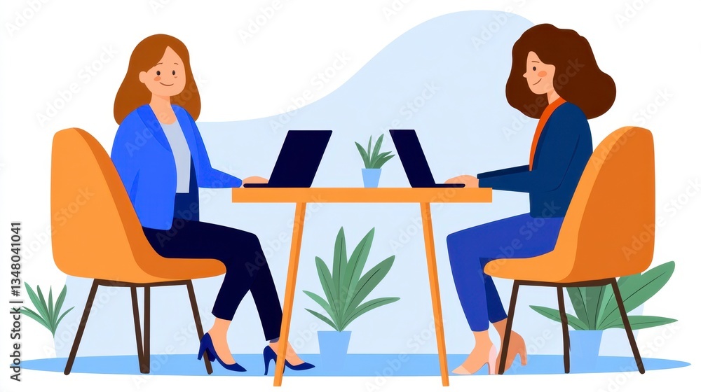 Two women in business attire sit at a table with laptops, working collaboratively in a modern office setting with plants. Two women in business attire sit at a table with laptops, working collaboratively in a modern office setting with plants.