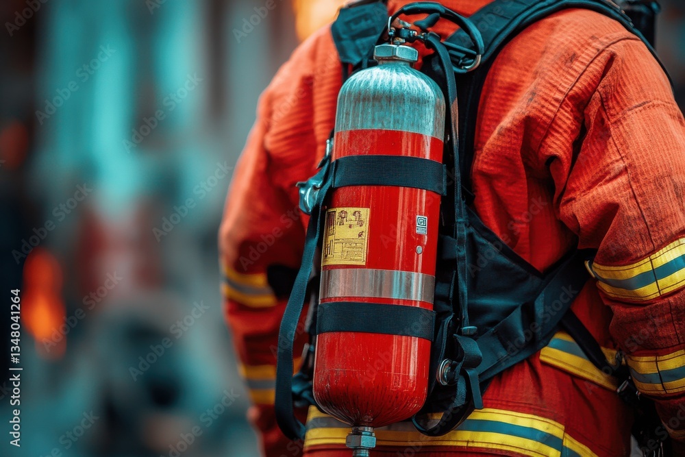 Obraz premium Firefighter Gear with Breathing Apparatus Ready for Emergency Response and Fire Safety Action