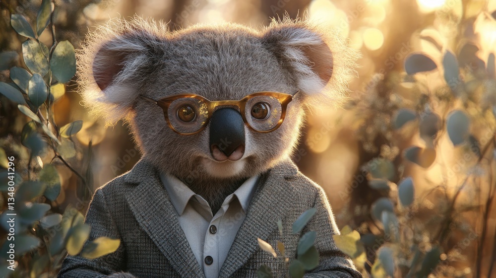 Koala in a suit, thoughtful expression, surrounded by eucalyptus Koala in a suit, thoughtful expression, surrounded by eucalyptus