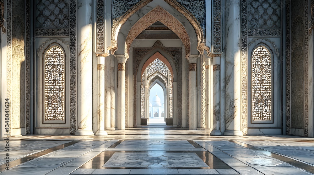 Obraz premium Sunlit interior of a grand mosque. Marble pillars, intricate arches, and ornate screens create a serene atmosphere. A glimpse of a white dome is visible through the arched hallway.