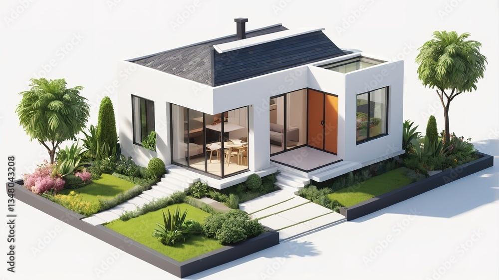 Fototapeta premium A small modern minimalist house isometric perspective,&nbsp;3D model miniature