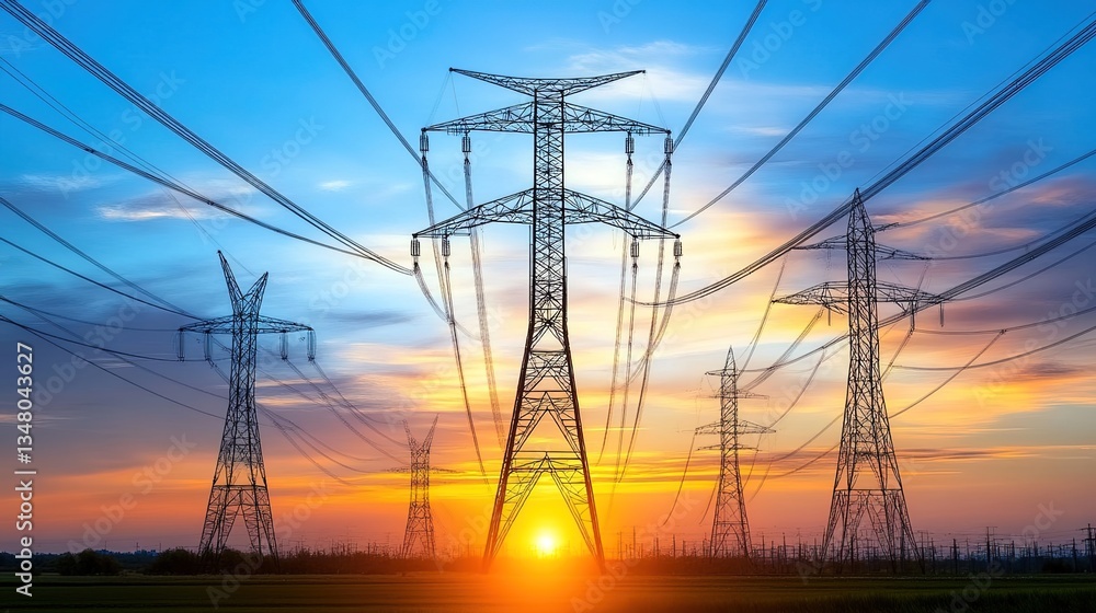 Fototapeta premium A row of tall electricity transmission towers silhouetted against a vibrant sunset with orange and blue skies, power lines stretching across, grassy landscape in the foreground