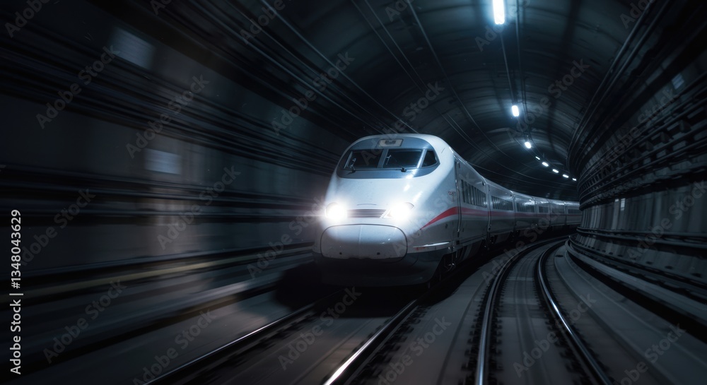 High-speed train navigating through a tunnel with motion blur effect High-speed train navigating through a tunnel with motion blur effect