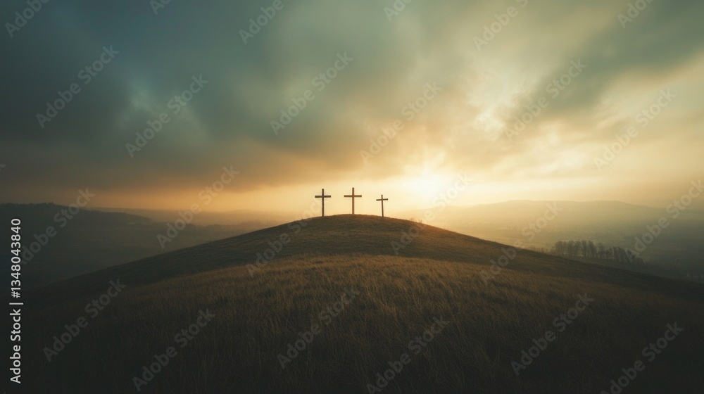 Obraz premium Wide panoramic view of three crosses on a hill with wind-blown grass at dawn.