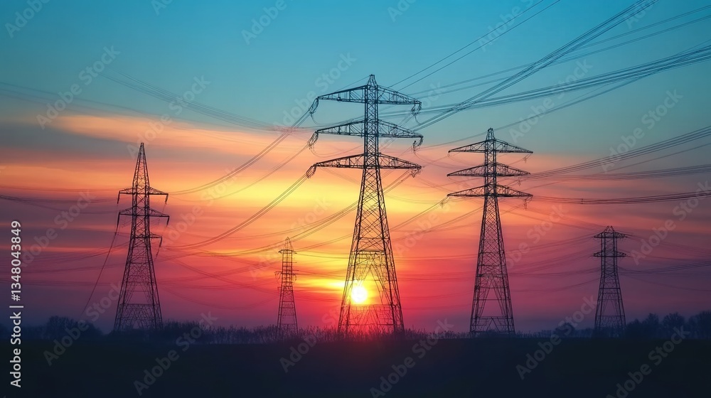 A row of tall electricity transmission towers silhouetted against a vibrant sunset with orange and blue skies, power lines stretching across, grassy landscape in the foreground A row of tall electricity transmission towers silhouetted against a vibrant sunset with orange and blue skies, power lines stretching across, grassy landscape in the foreground