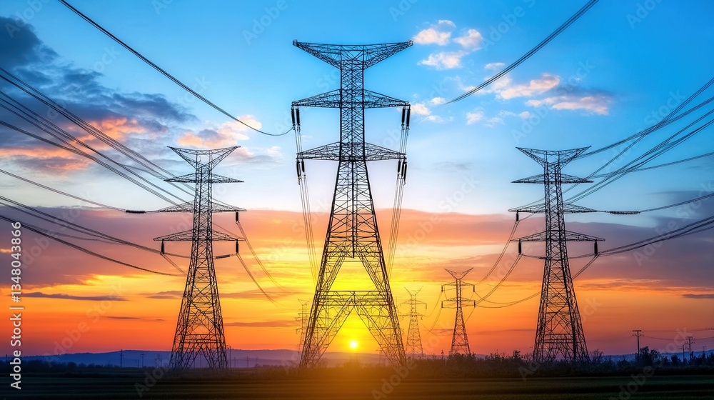 Fototapeta premium A row of tall electricity transmission towers silhouetted against a vibrant sunset with orange and blue skies, power lines stretching across, grassy landscape in the foreground