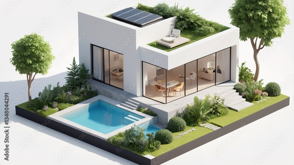 Fototapeta premium A small modern minimalist house isometric perspective,&nbsp;3D model miniature