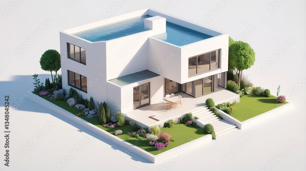 A small modern minimalist house isometric perspective, 3D model miniature A small modern minimalist house isometric perspective, 3D model miniature