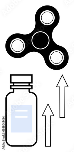 Black fidget spinner above medication bottle with two upward arrows. Ideal for focus, mental health, concentration, improvement, therapy, ADHD awareness, progress. Flat simple metaphor