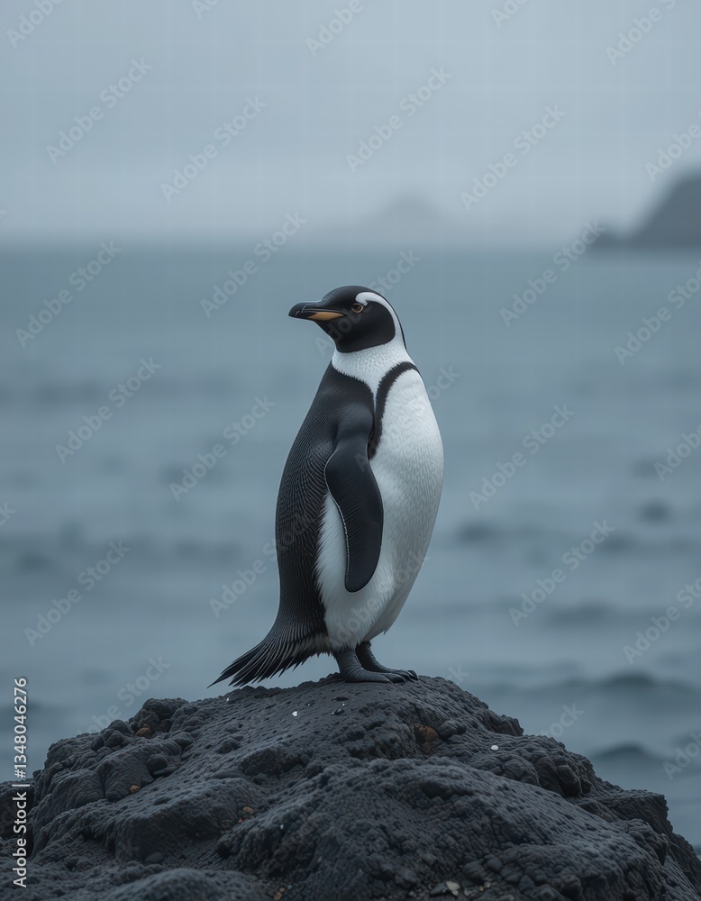 Naklejka premium A penguin standing on a rock by the sea