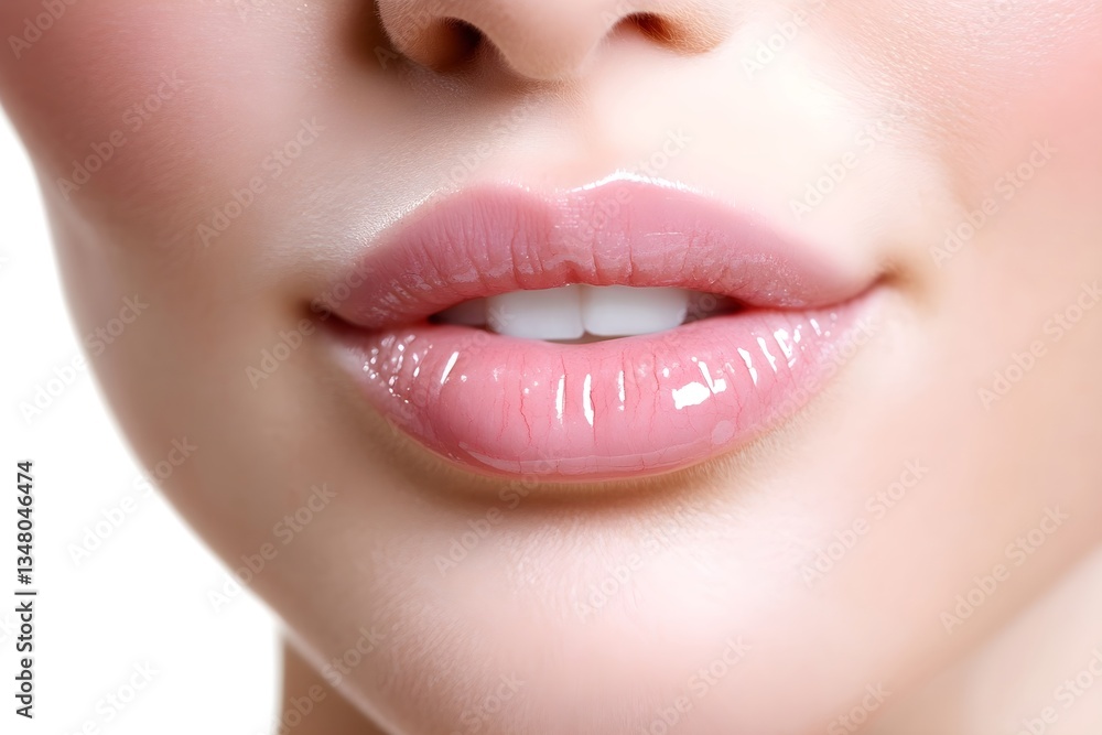Fototapeta premium Woman's plump pink lips and smooth skin closeup. Beauty treatment and skincare concept. Lip augmentation and facial rejuvenation procedure. Cosmetic industry image.