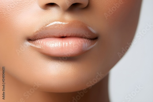 Woman's plump lips with glossy nude lipstick, close-up view. Lip care and beauty treatment concept. Cosmetic product application for moisturized, healthy-looking lips.
