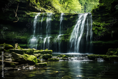 cascading waterfall in lush gorge exudes an enchanting tranquility, as crystal clear water and velvety moss harmoniously conspire to fashion a vivacious and invigorating sanctuary