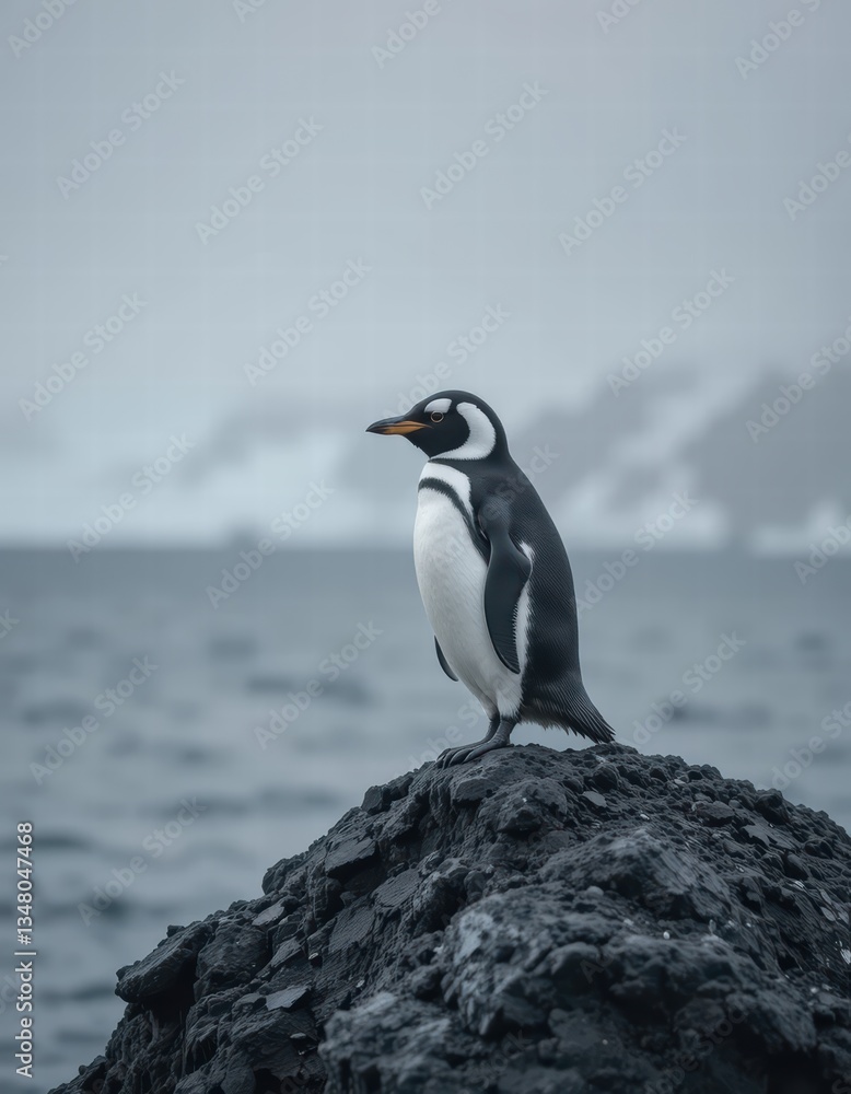 Fototapeta premium A penguin standing on a rock by the sea