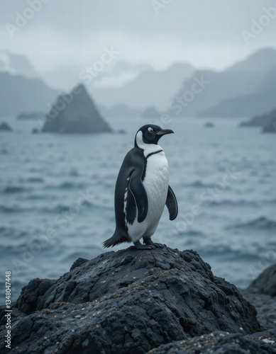 A penguin standing on a rock by the sea