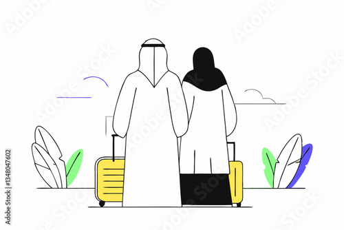 Arab couple in traditionnal attire at an airport, standing with a yellow suitcase.