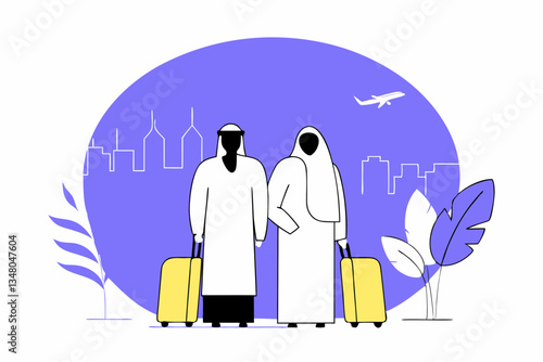 Arab couple in traditionnal attire at an airport, standing with a yellow suitcase.