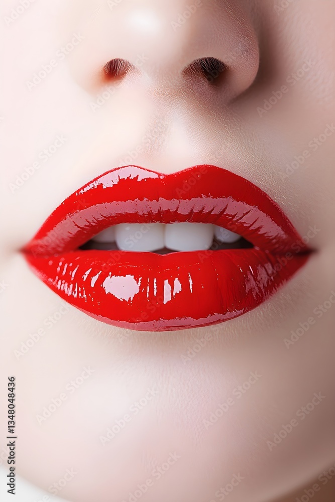 Obraz premium Woman with bright red glossy lipstick on plump lips. Close-up of female mouth. Glamorous makeup for beauty salon advertisement. Cosmetic industry concept.