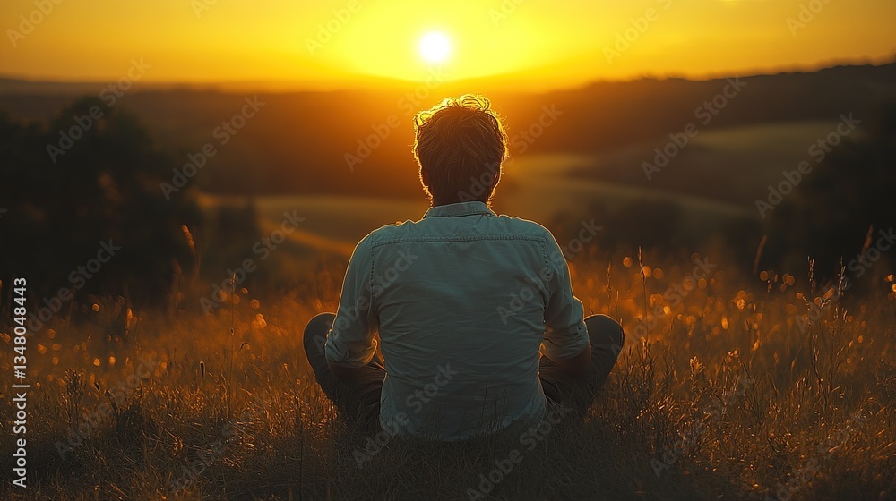 Man sits on a hill, contemplating the sunset, in a peaceful, golden moment Man sits on a hill, contemplating the sunset, in a peaceful, golden moment