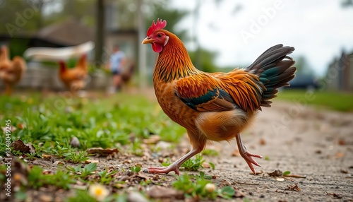 A vibrant rooster struts confidently along a garden path.