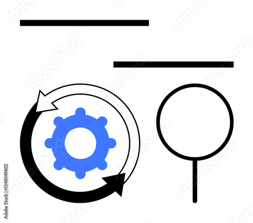Gear enclosed by circular arrows, horizontal lines, and magnifying glass highlighting evaluation. Ideal for workflow, efficiency, strategy, analysis, technology, management flat simple metaphor