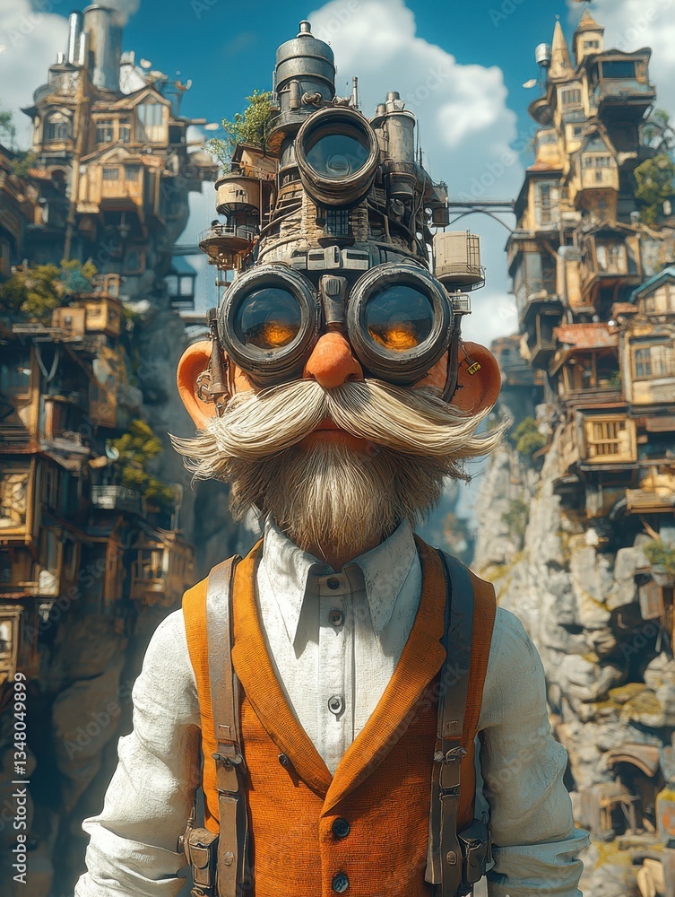 Man with ornate goggles and mustache, between structures, in a whimsical city Man with ornate goggles and mustache, between structures, in a whimsical city