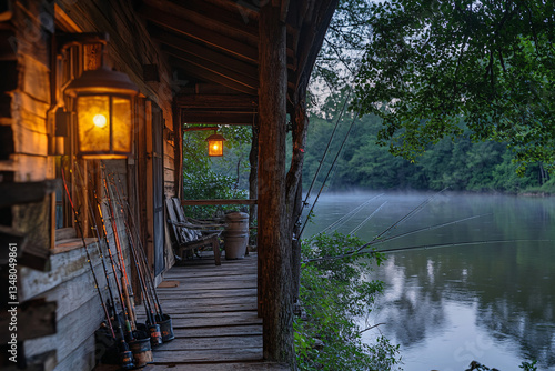 rustic cabin porch overlooking misty lake at dawn
