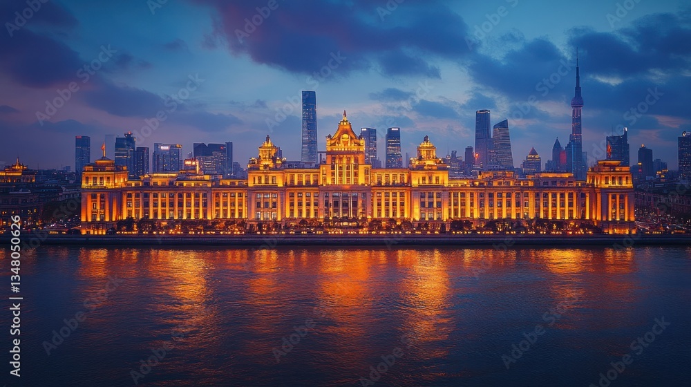Naklejka premium Shanghai's Illuminated Waterfront at Dusk: A Breathtaking Panoramic View
