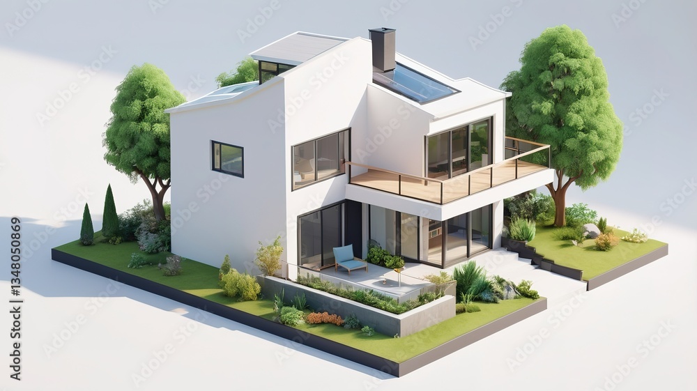 A small modern minimalist house isometric perspective, 3D model miniature A small modern minimalist house isometric perspective, 3D model miniature