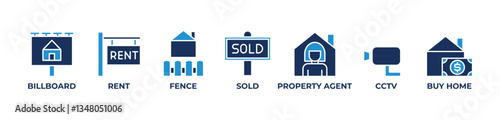 Secure Property Solutions  Icons set vector illustration with  BILLBOARD,  RENT, FENCE, SOLD, PROPERTY AGENT, CCTV, BUY HOME