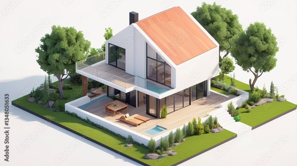 A small modern minimalist house isometric perspective, 3D model miniature A small modern minimalist house isometric perspective, 3D model miniature