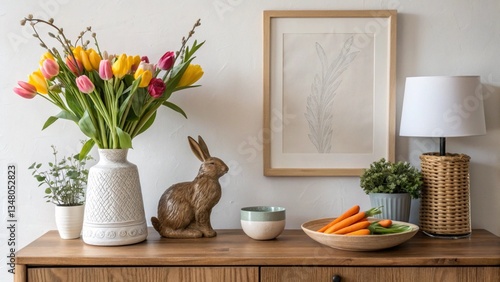 Wallpaper Mural Rustic Easter Decor with Tulips and Wooden Bunny. Torontodigital.ca