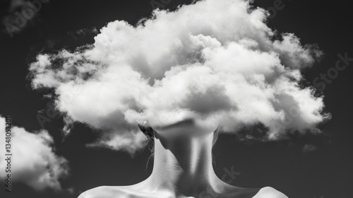 Cloud Mind: A Surreal Black and White Portrait of a Woman's Head Replaced by a Cloud