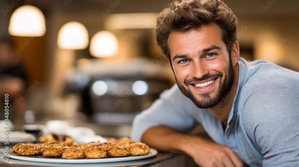 Smiling man next to a plate of pastry in a cafe Smiling man next to a plate of pastry in a cafe