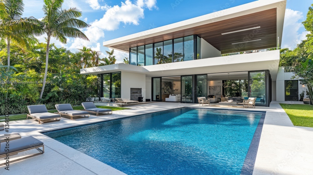 Fototapeta premium Luxury Modern Home with Pool and Lush Tropical Landscaping