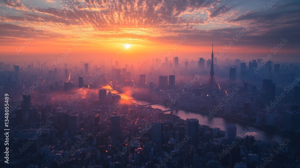 Fototapeta premium Tokyo Sunrise: A City Awakens in Golden Hues