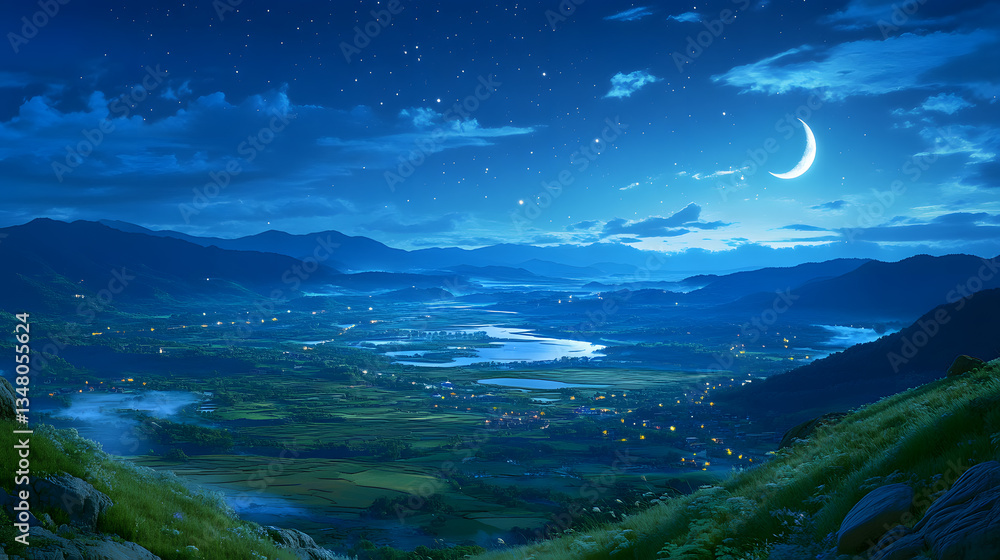 Fototapeta premium Serene night landscape. Crescent moon and stars illuminate a valley nestled in mountains, dotted with lights from a small town. Misty atmosphere adds to the magical feel.